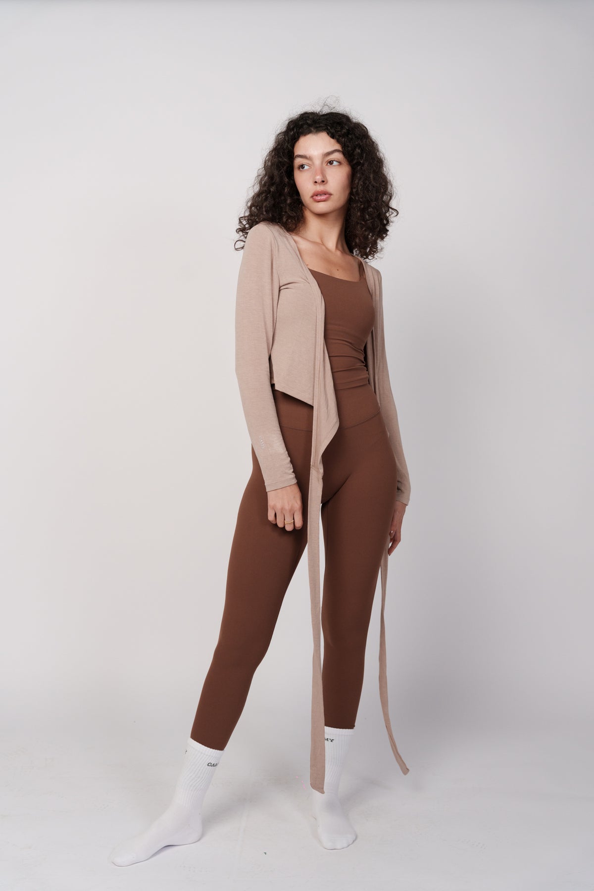 OAMY Ballet Wrap Top in Mocha, wrap-front tie detail