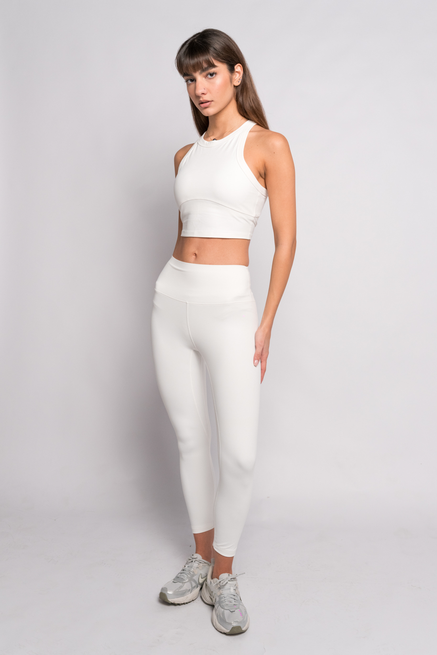 OAMY Soft Skin High Waisted Legging in white, shown flat to display the smooth four-way stretch fabric surface that resists pilling when washed correctly