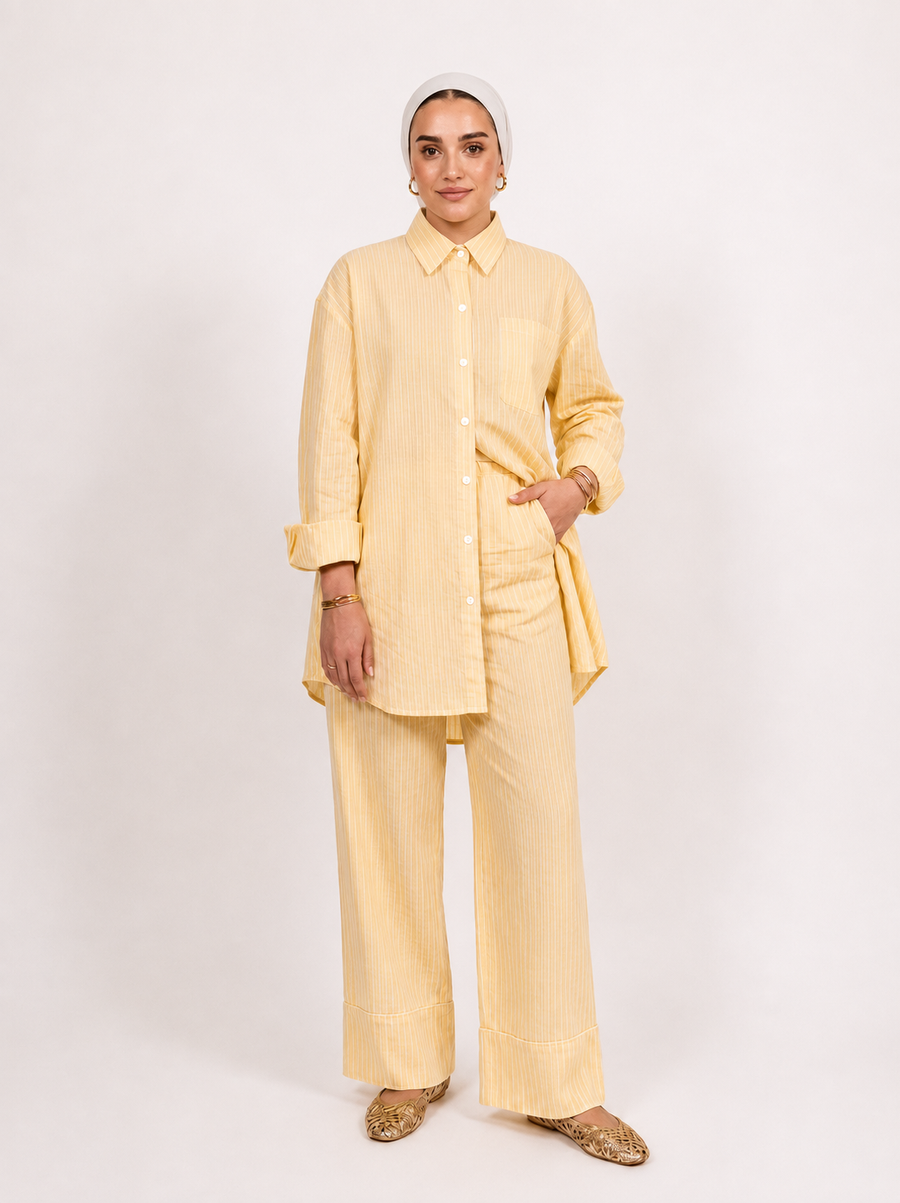 OAMY Relaxed Striped Shirt Set styled as a modest two-piece co-ord with full sleeve coverage and a loose, fluid drape