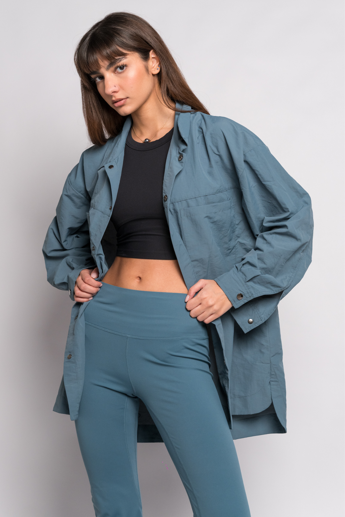 OAMY Oversized Shacket in Petrol, worn with the Soft Skin High Waisted Legging in Petrol
