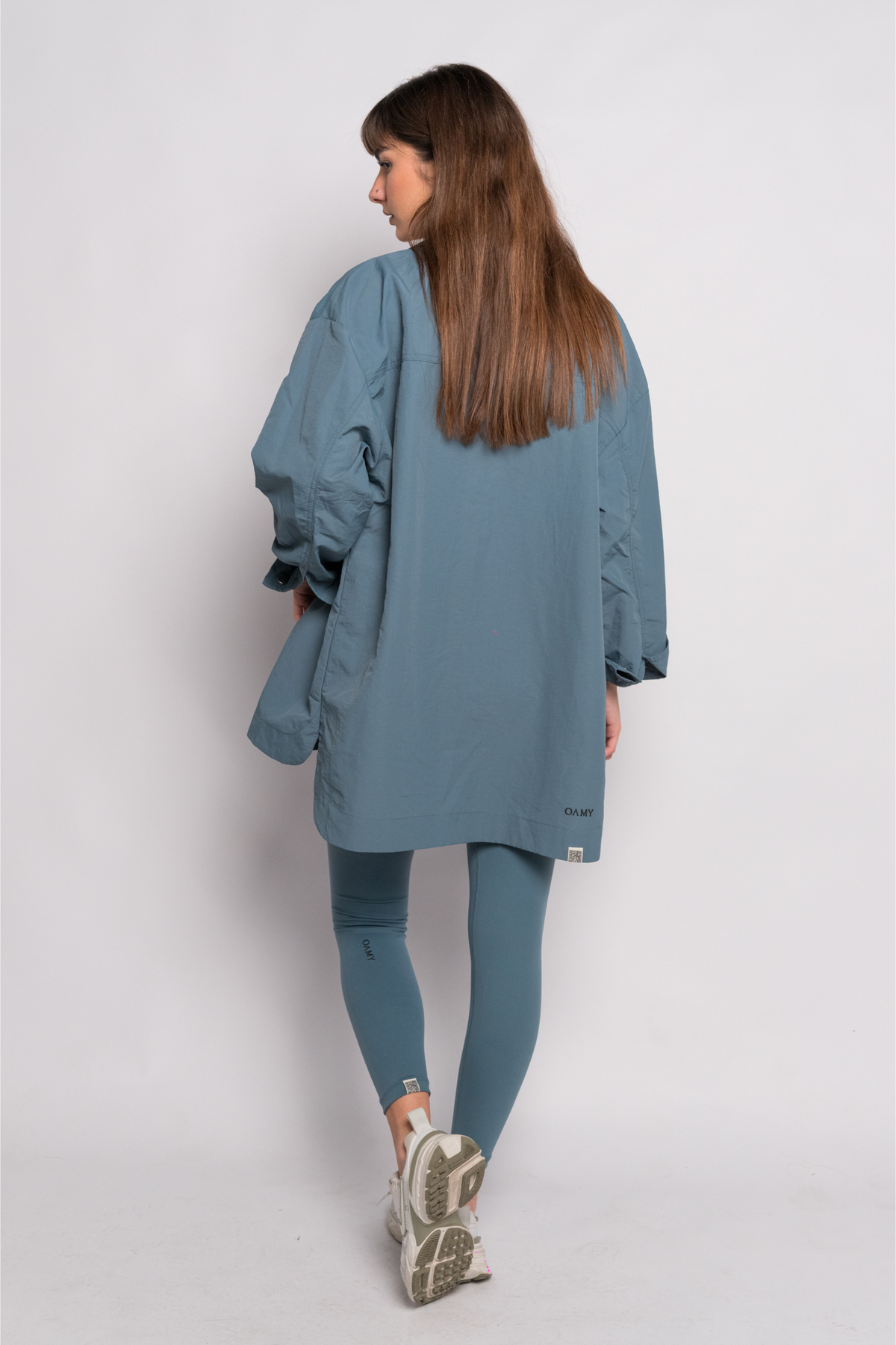 OAMY Oversized Shacket in Petrol, styled with the Soft Skin High Waisted Legging in Petrol