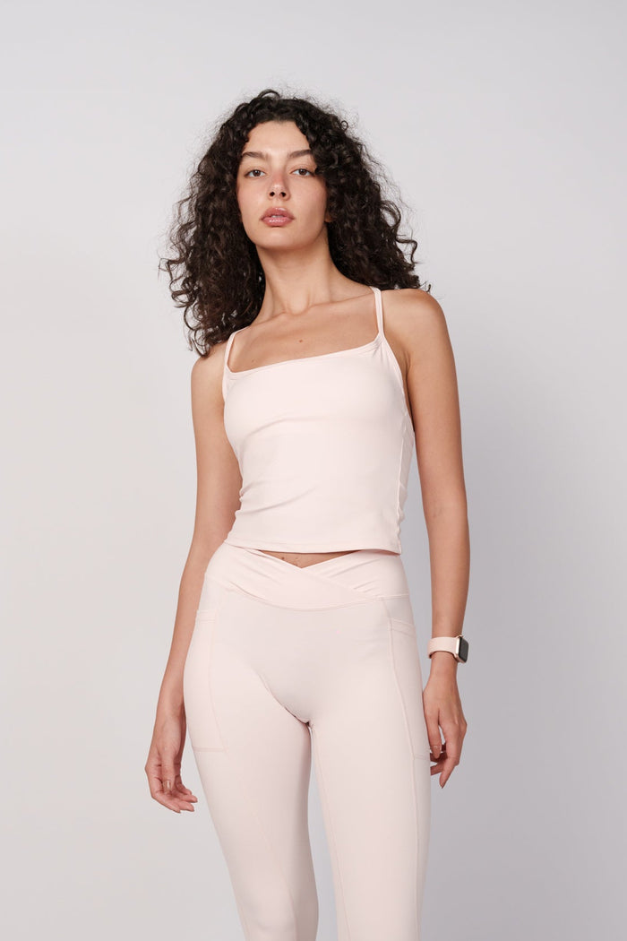 OAMY Soft Racer Top in Powder Pink, worn with matching leggings