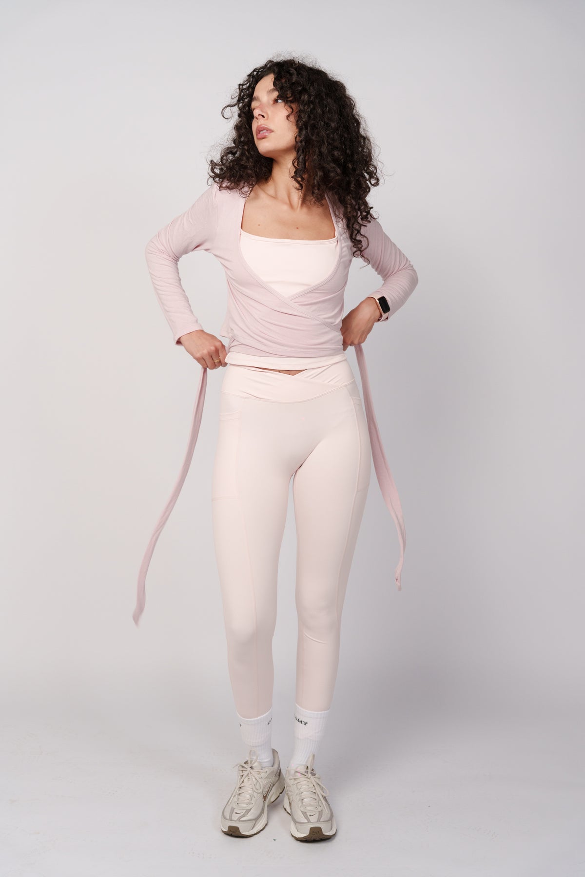 OAMY Ballet Wrap Top in Dusty Pink, styled with matching leggings