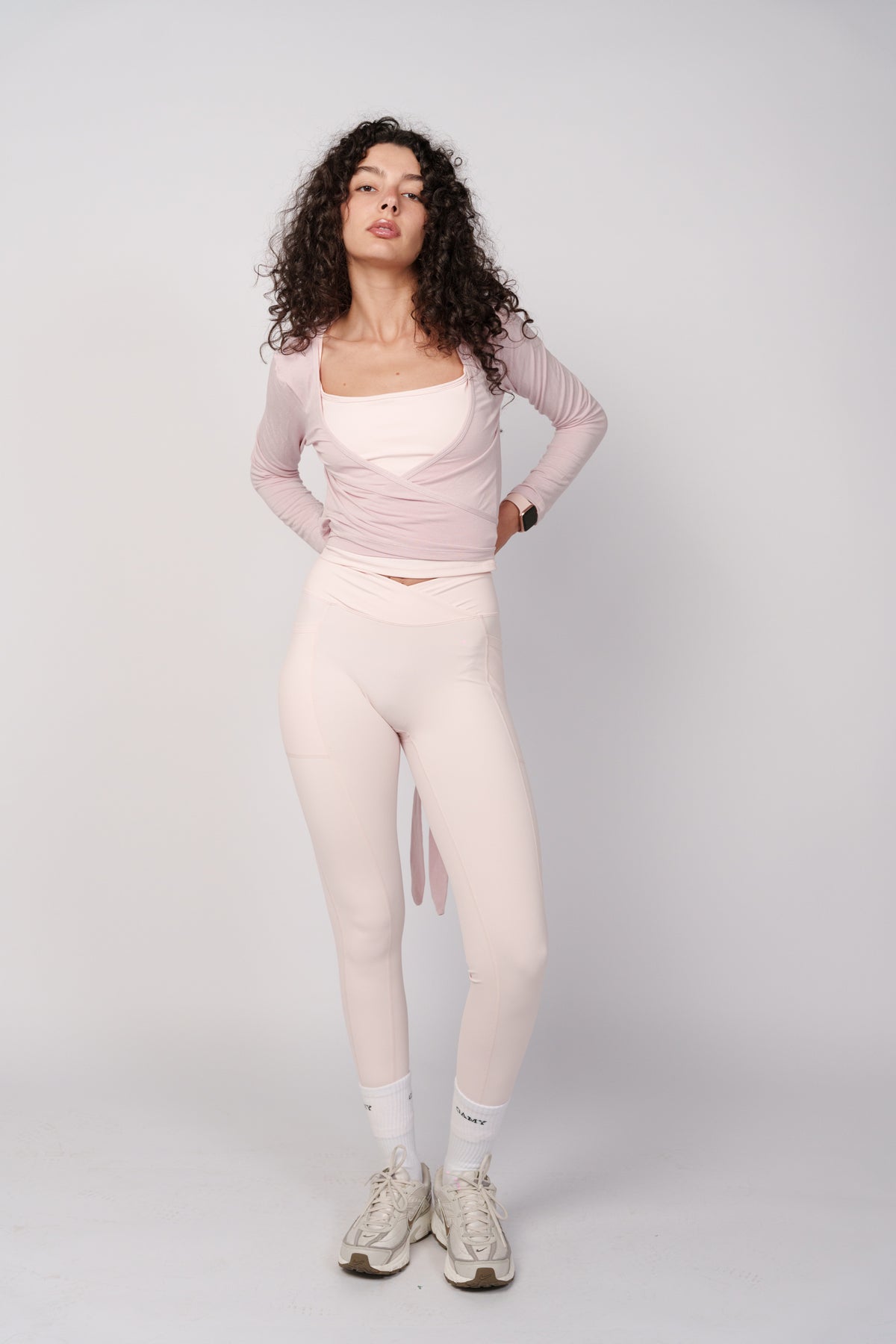 OAMY Ballet Wrap Top in Dusty Pink, worn as a matching set