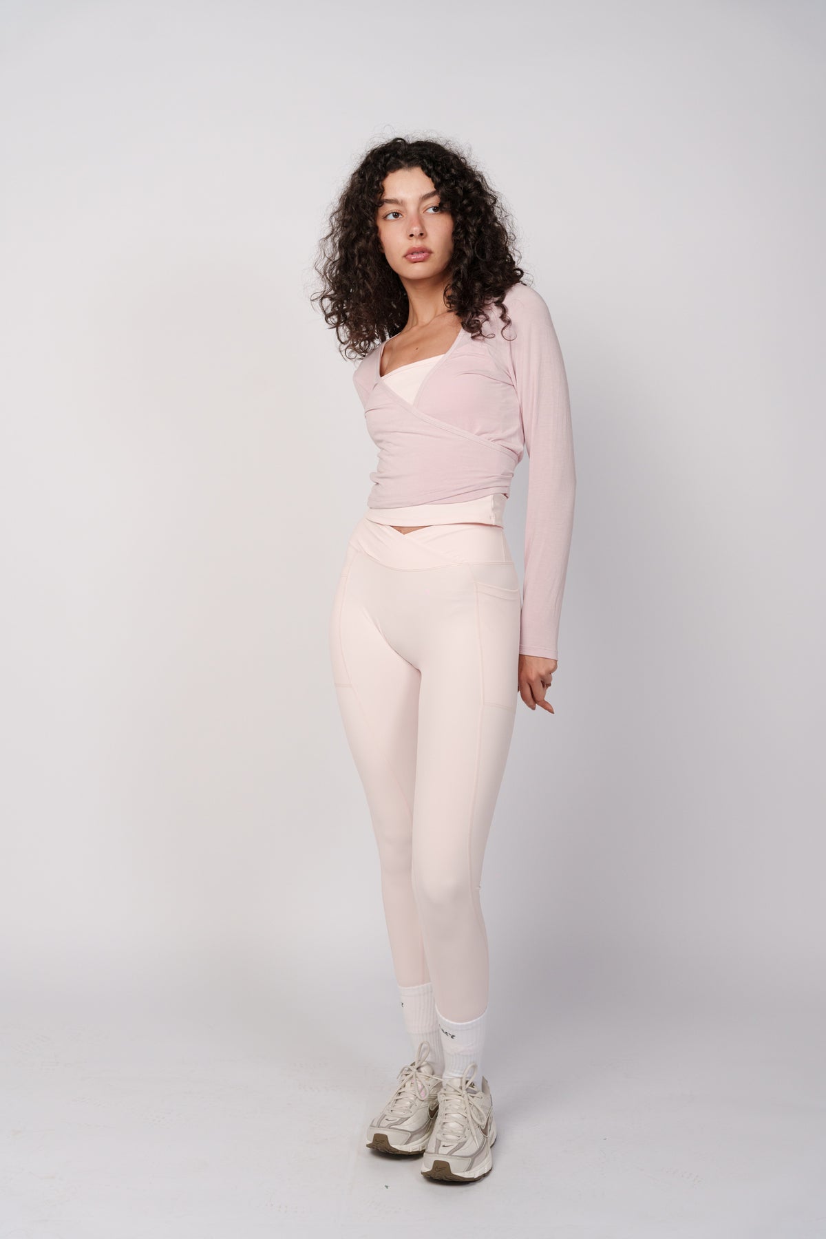 OAMY Ballet Wrap Top in Dusty Pink, styled with matching pants