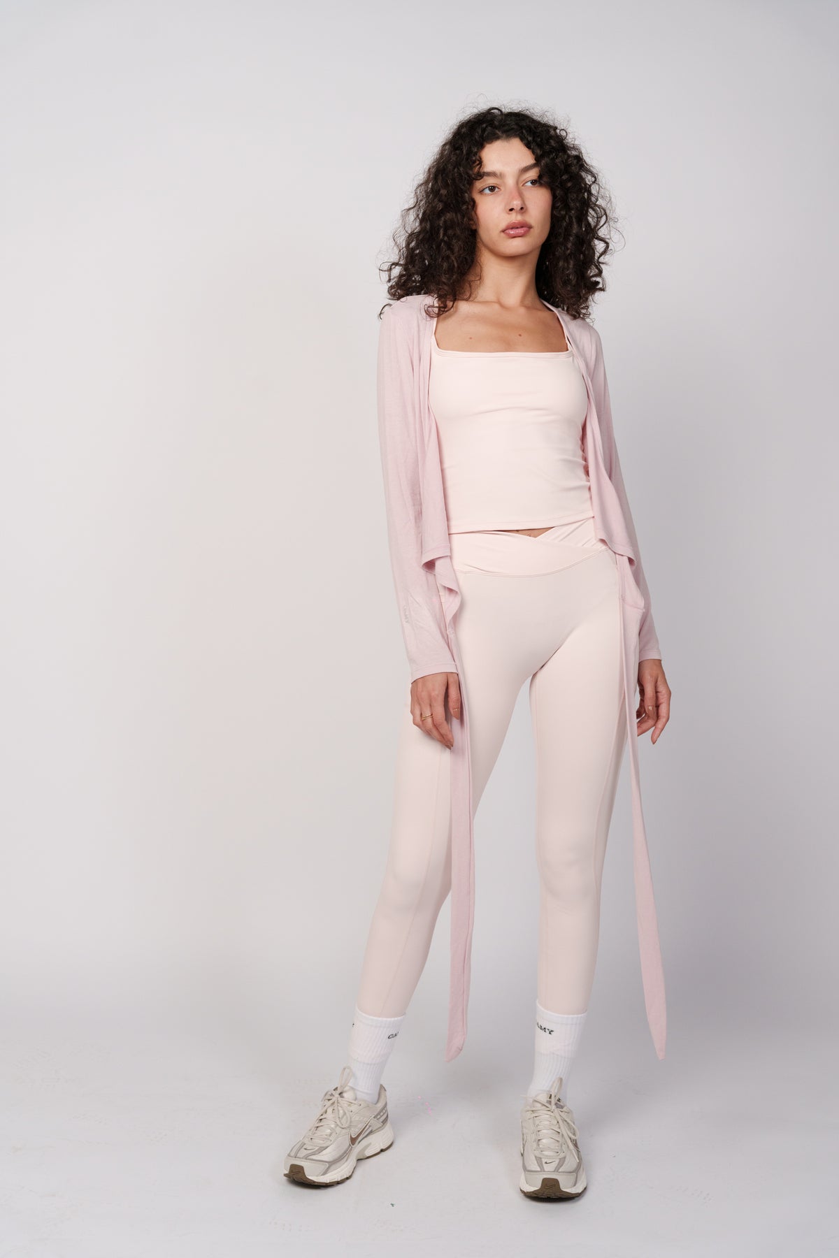OAMY Ballet Wrap Top in Dusty Pink, worn as a matching set