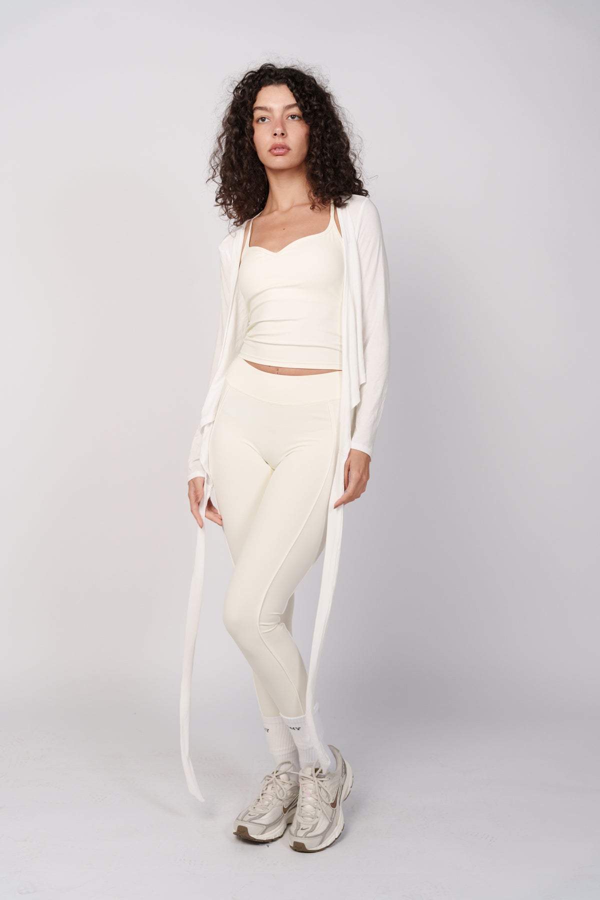 OAMY Ballet Wrap Top in White, worn as a matching set