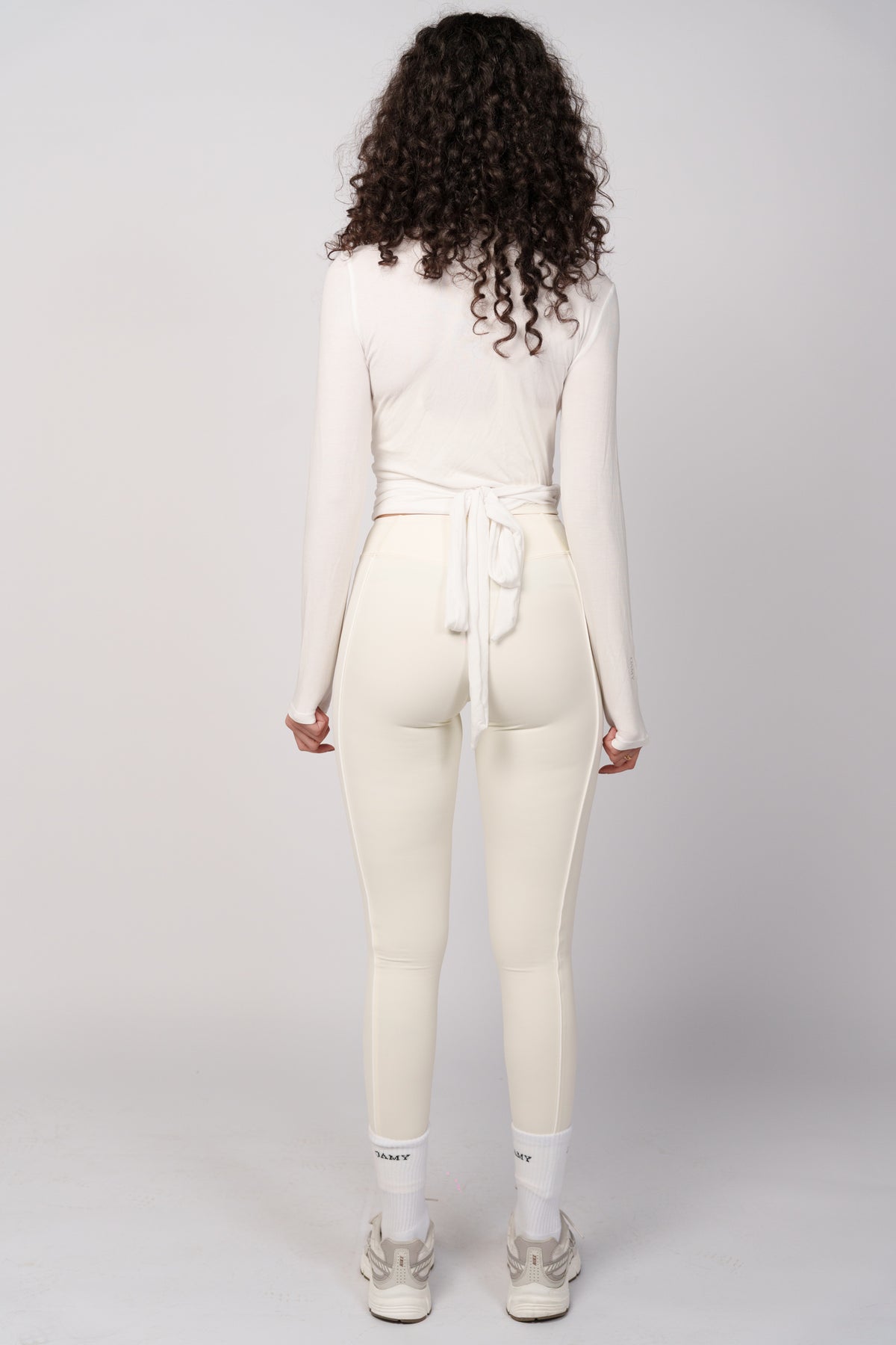 OAMY Ballet Wrap Top in White, wrap-front tie detail