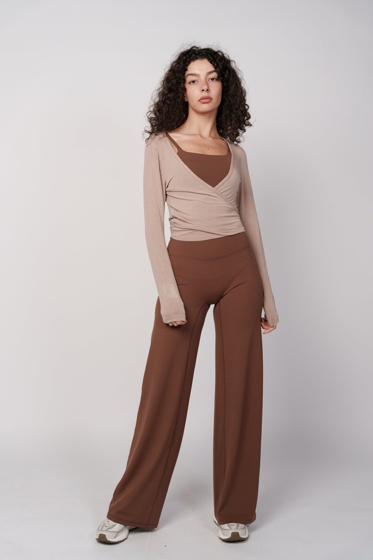 OAMY Wide Flare Pants in Brown, styled with the Ballet Wrap Top in Mocha