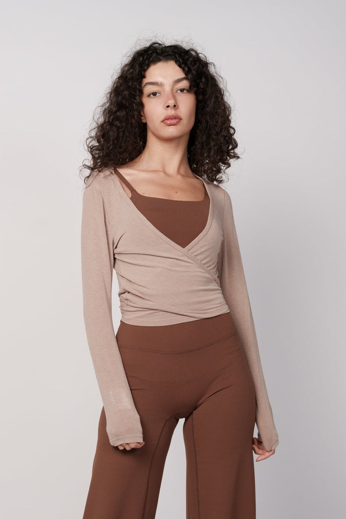 OAMY Ballet Wrap Top in Mocha, styled with the Wide Flare Pants in Brown