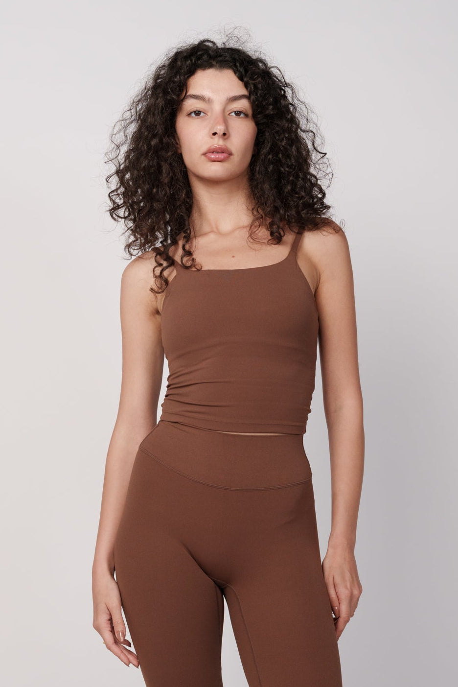 OAMY Scoop Back Top in Brown, worn with matching leggings