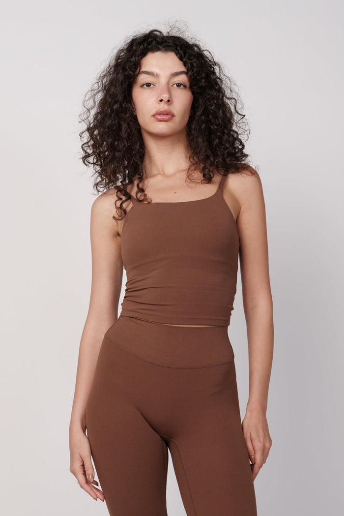 OAMY Scoop Back Top in Brown, worn with matching leggings