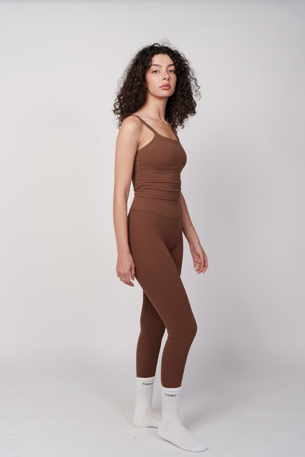OAMY Scoop Back Top in Brown, worn with matching leggings