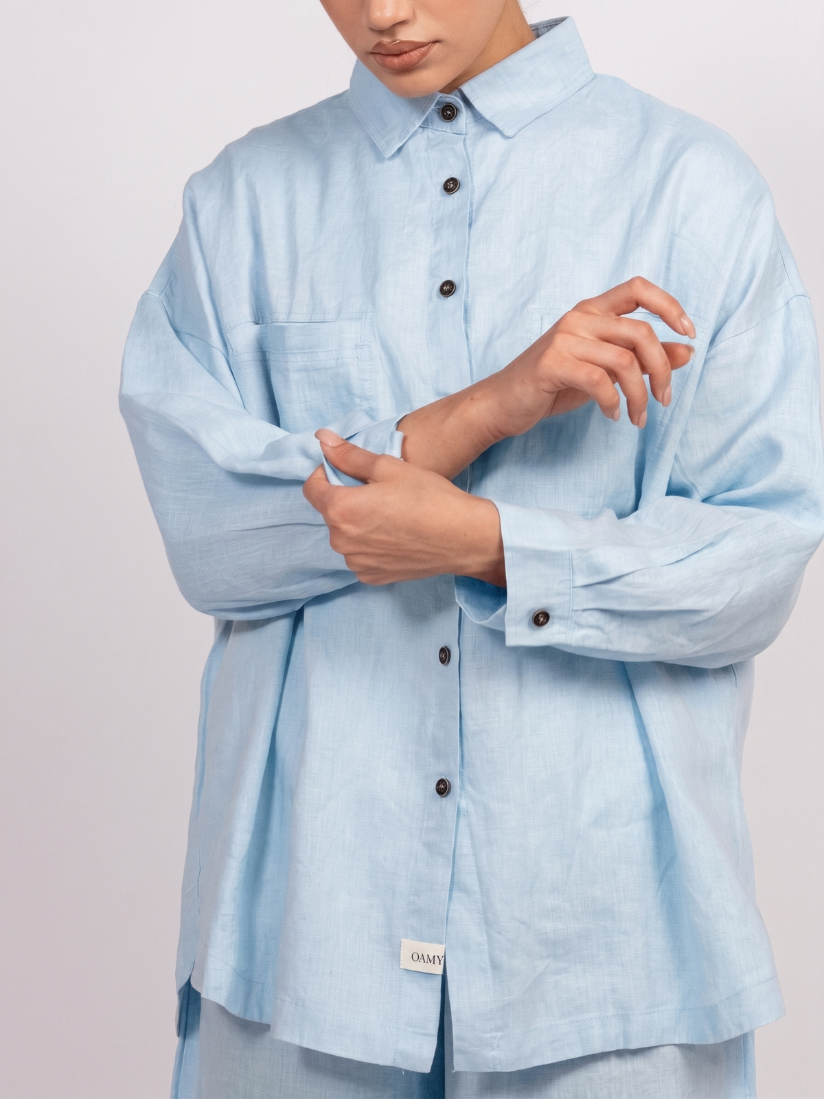 OAMY 100% Linen Shirt Set in Baby Blue