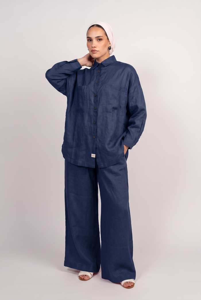OAMY 100% Linen Shirt Set in Navy