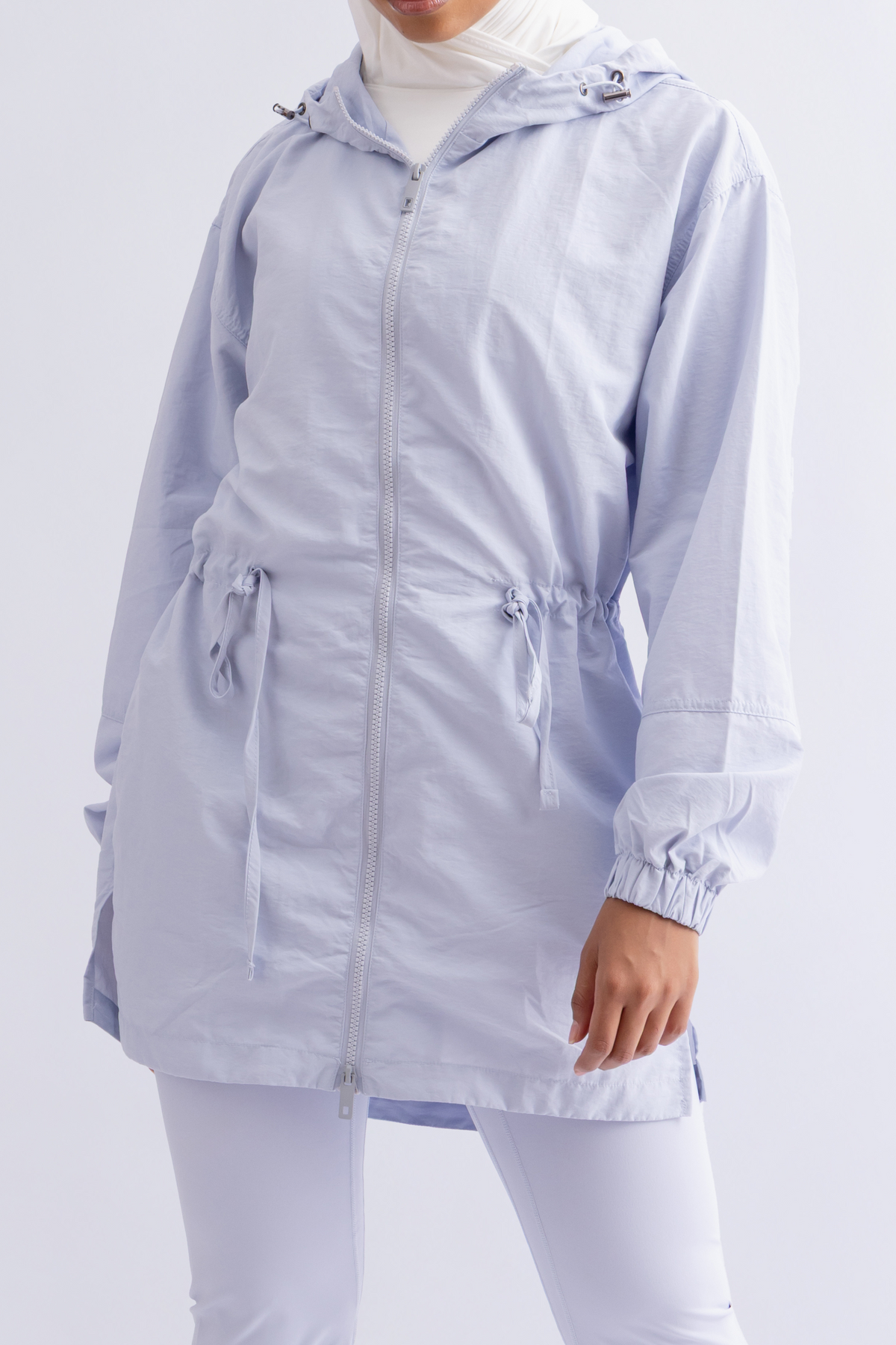 OAMY Relaxed Zip Jacket in Baby Blue, worn with flared pants